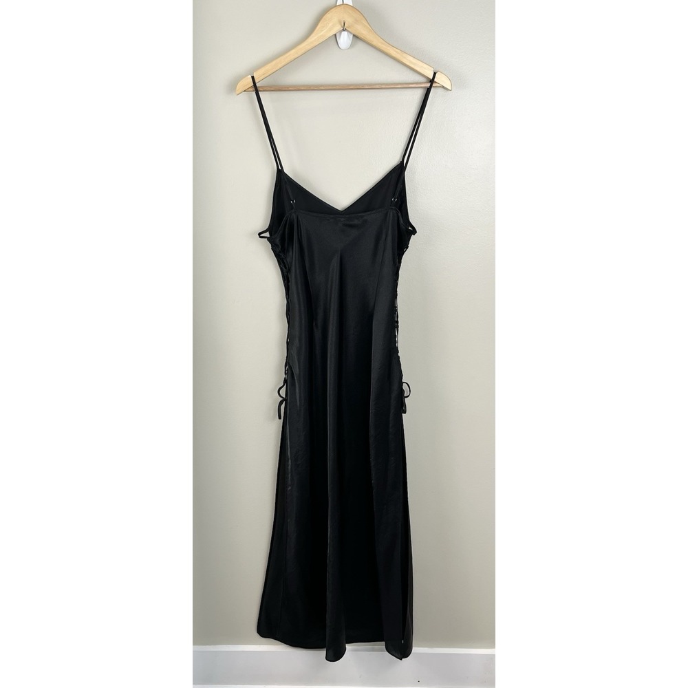 Victoria's Secret Sz M Satin Slip Gown Maxi Dress Lace Up Sides Black High Slit - Picture 4 of 11